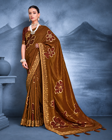 Designer Banaras Silk Dark Coffee Brown with Golden Olive Undertones | Glow & Glitter Boutique