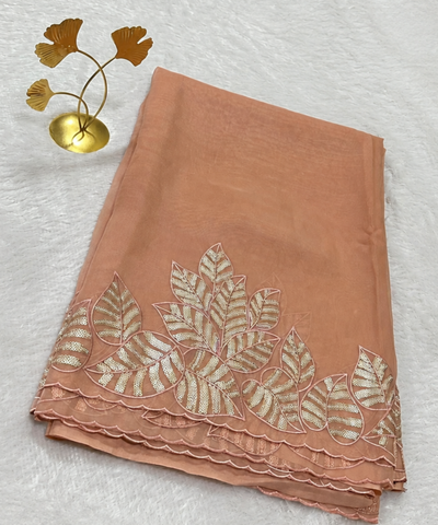Organza silk saree with full embroidery Biscuit Shade | Glow & Glitter Boutique