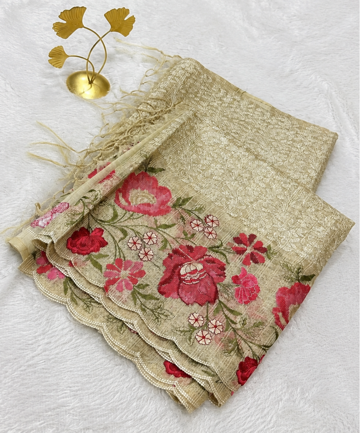 Tissue silk saree with full embroidery Ivory Shade | Glow & Glitter Boutique