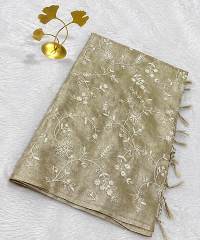 Tissue tissue silk saree with embroidery Silver Gold Beige Shade | Glow & Glitter Boutique
