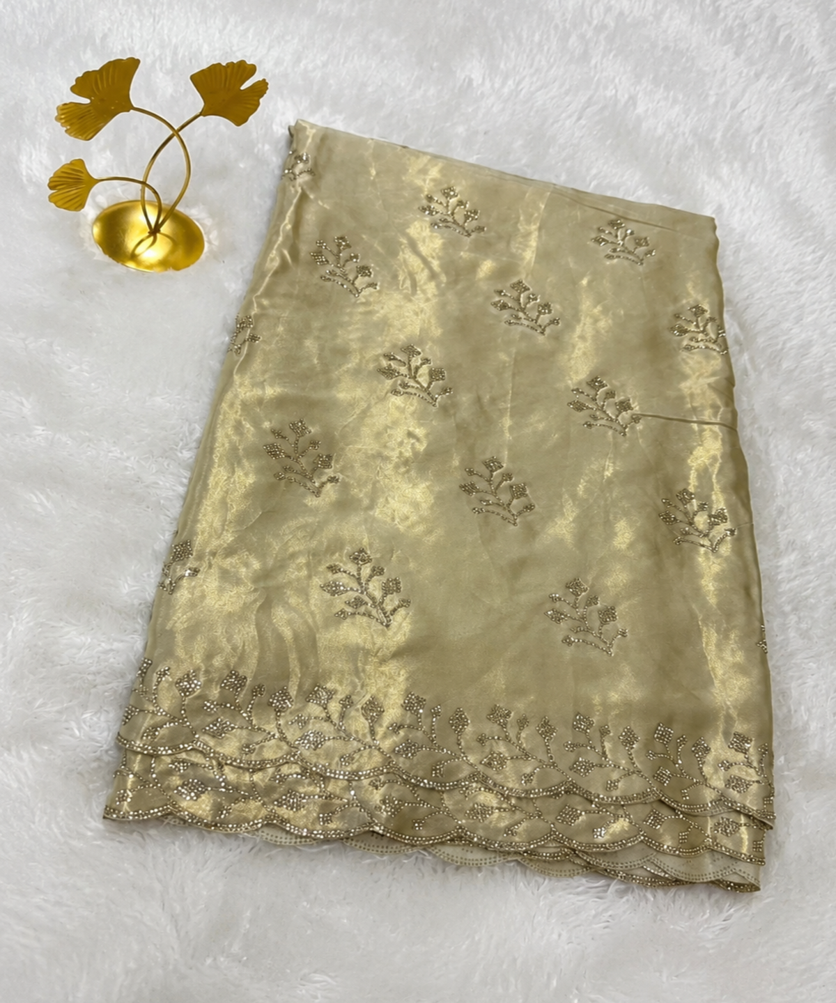 Designer satin silk Light Antique Gold Embroidery  | Glow & Glitter Boutique