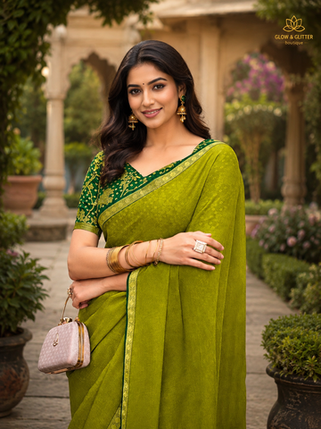 Olive Elegance Designer Saree | Glow & Glitter Boutique