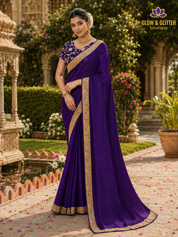 Royal Amethyst Designer Saree with Rich Gold Zari Border | Glow & Glitter Boutique