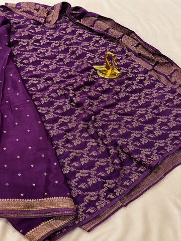 Banaras Crepe silk saree Wine Color | Glow & Glitter Boutique