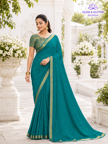 Teal Maharani Jacquard Designer Saree with Antique Gold Border | Glow & Glitter Boutique