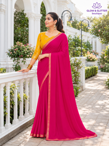 Pink Aura Heritage Saree with Antique Gold Border | Glow & Glitter Boutique