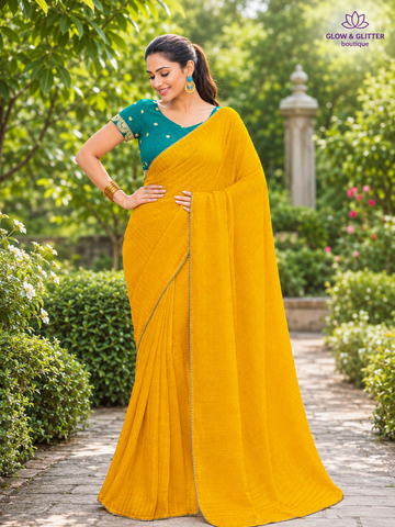 Kanaka Manjari – Mustard Yellow Designer Saree with Teal Embroidered Blouse | Glow & Glitter Boutique