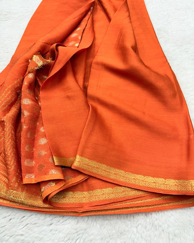 Premium Mysore premium crepe silk Orange Saree ksic border with Banaras butti blouse | Glow & Glitter Boutique