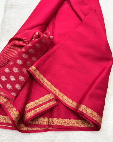 Premium Mysore premium crepe silk red saree ksic border with Banaras butti blouse | Glow & Glitter Boutique