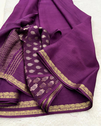 Premium Mysore premium crepe silk Wine Saree ksic border with Banaras butti blouse | Glow & Glitter Boutique