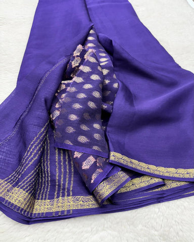 Premium Mysore premium crepe silk deep purple saree ksic border with Banaras butti blouse | Glow & Glitter Boutique