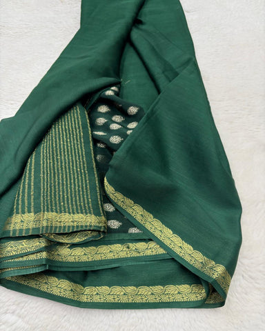 Premium Mysore premium crepe Green shade ksic border with Banaras butti blouse | Glow & Glitter Boutique