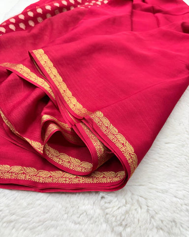 Premium Mysore premium crepe silk Pink saree Ksic border with Banaras butti blouse | Glow & Glitter Boutique