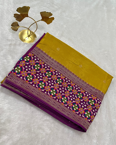 Banaras silk saree Mustrad Yellow rajKot Patolabentex Border | Glow & Glitter Boutique