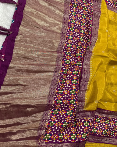 Banaras silk saree Mustrad Yellow rajKot Patolabentex Border | Glow & Glitter Boutique