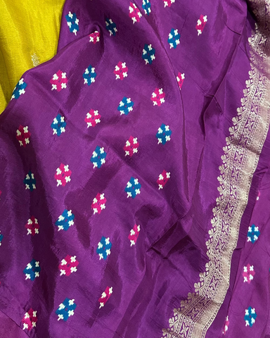 Banaras silk saree Mustrad Yellow rajKot Patolabentex Border | Glow & Glitter Boutique