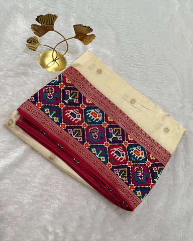 Banaras silk saree Ivory Cream rajKot Patolabentex Border | Glow & Glitter Boutique