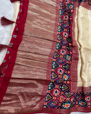 Banaras silk saree Ivory Cream rajKot Patolabentex Border | Glow & Glitter Boutique