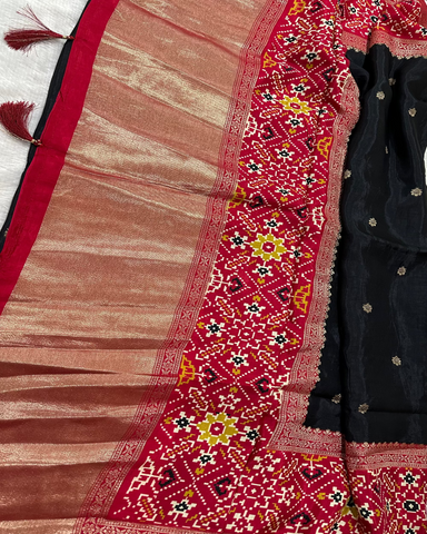 Banaras silk saree Jet Black rajKot Patolabentex Border | Glow & Glitter Boutique