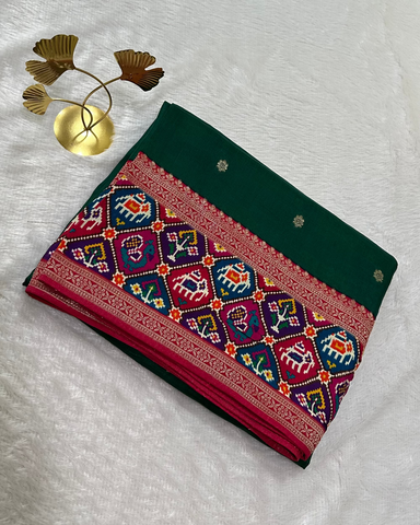 Banaras silk saree Bottle Green rajKot Patolabentex Border | Glow & Glitter Boutique