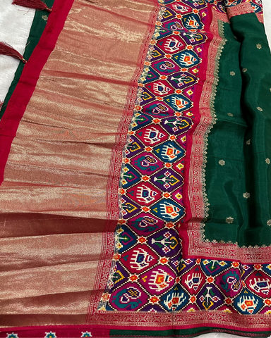 Banaras silk saree Bottle Green rajKot Patolabentex Border | Glow & Glitter Boutique