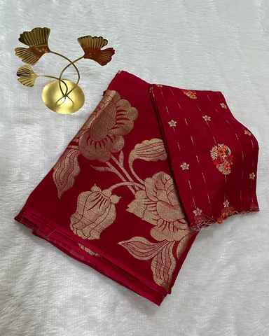 Semi Banaras georgette silk saree Red Shade With Floral Zari Design | Glow & Glitter Boutique