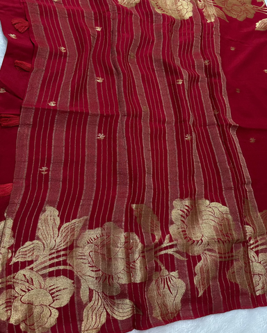 Semi Banaras georgette silk saree Red Shade With Floral Zari Design | Glow & Glitter Boutique