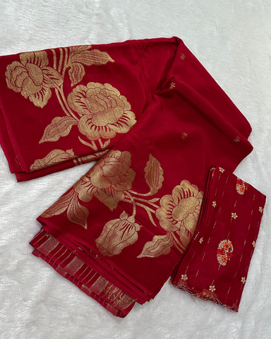 Semi Banaras georgette silk saree Red Shade With Floral Zari Design | Glow & Glitter Boutique