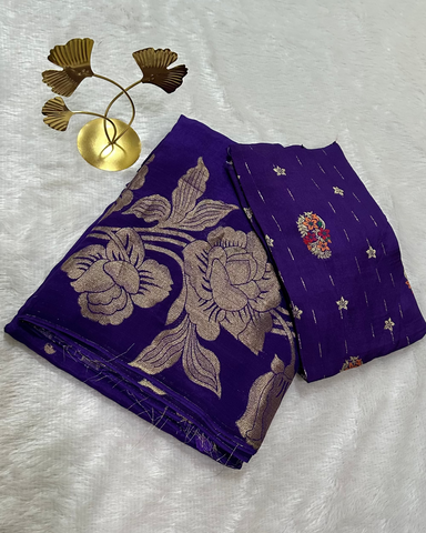 Semi Banaras georgette silk saree Deep Purple Shade With Floral Zari Design | Glow & Glitter Boutique