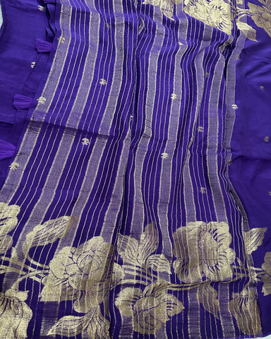Semi Banaras georgette silk saree Deep Purple Shade With Floral Zari Design | Glow & Glitter Boutique