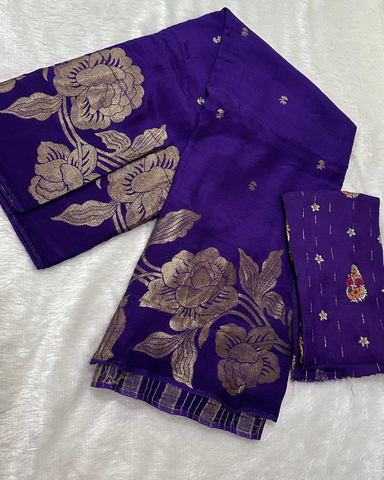 Semi Banaras georgette silk saree Deep Purple Shade With Floral Zari Design | Glow & Glitter Boutique