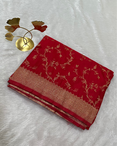 Banaras mashru silk saree Red Shade & Jal Weaving Design Gold Zari Thin Border | Glow & Glitter Boutique