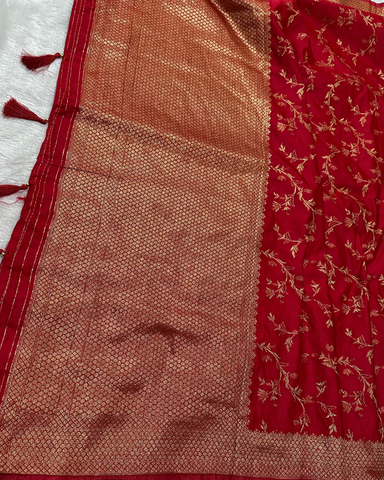 Banaras mashru silk saree Red Shade & Jal Weaving Design Gold Zari Thin Border | Glow & Glitter Boutique