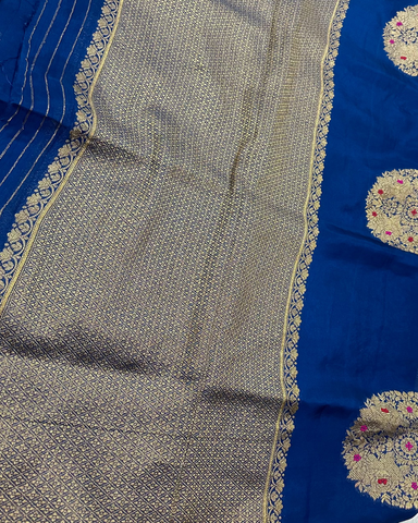Premium Kora organza silk saree Royal Blue Shade Border less | Glow & Glitter Boutique
