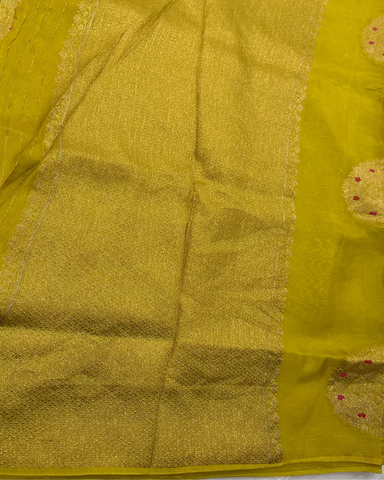 Premium Kora organza silk saree Lemon Green Shade Border less | Glow & Glitter Boutique