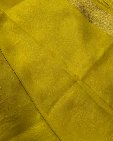 Premium Kora organza silk saree Lemon Green Shade Border less | Glow & Glitter Boutique