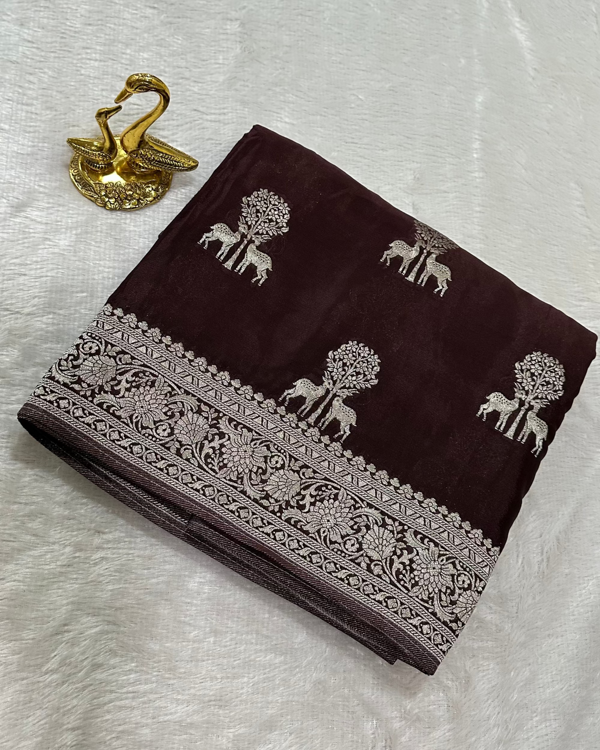 Banaras Crepe Silk Dark Chocolate Brown Deer & Tree Zari Saree | Glow & Glitter Boutique