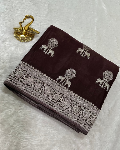 Banaras Crepe Silk Dark Chocolate Brown Deer & Tree Zari Saree | Glow & Glitter Boutique