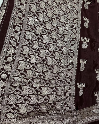Banaras Crepe Silk Dark Chocolate Brown Deer & Tree Zari Saree | Glow & Glitter Boutique