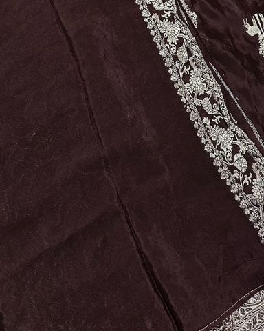 Banaras Crepe Silk Dark Chocolate Brown Deer & Tree Zari Saree | Glow & Glitter Boutique