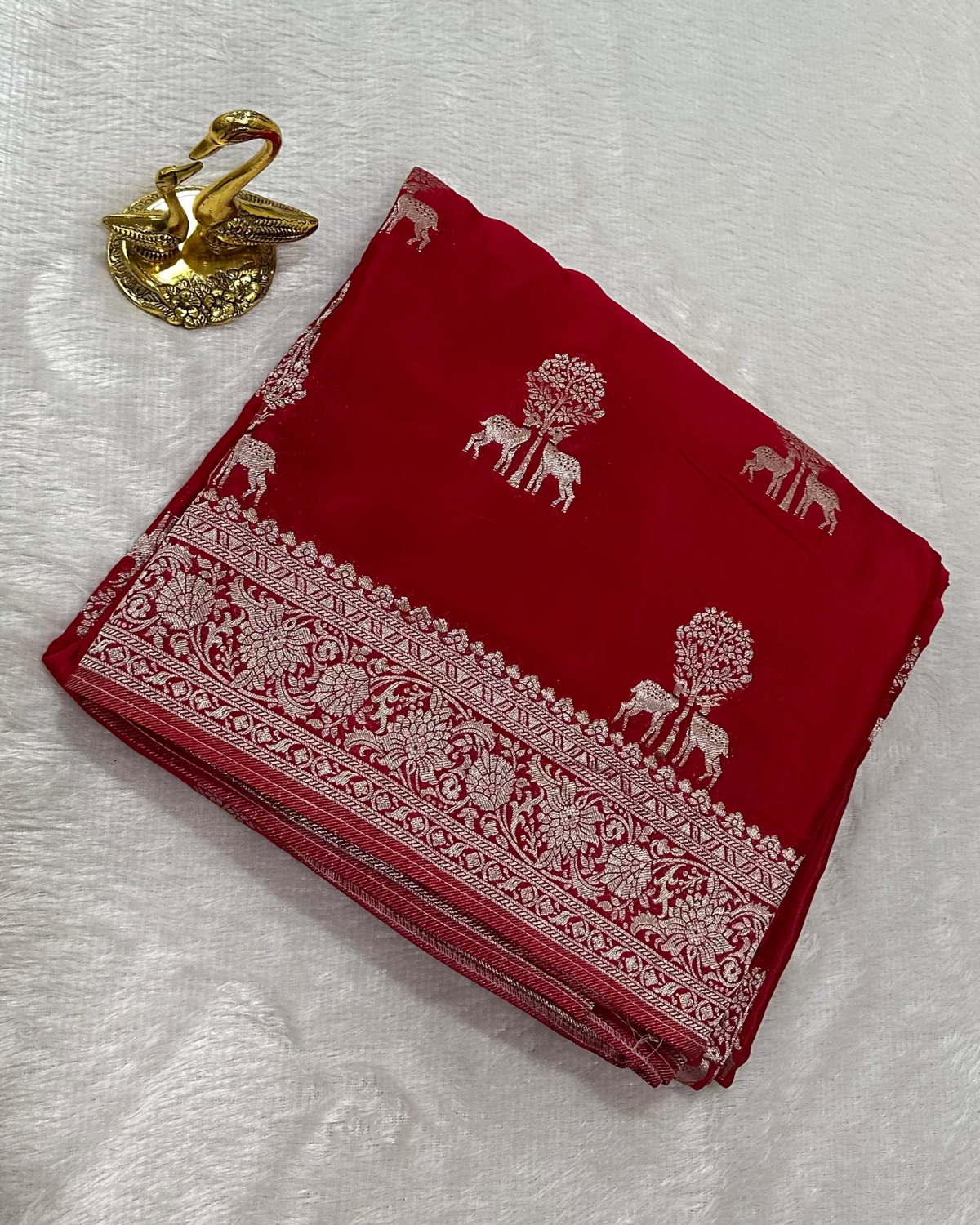 Banaras Crepe Silk Deep Red Deer & Tree Zari Saree | Glow & Glitter Boutique