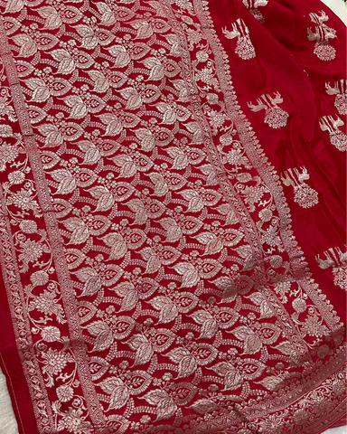 Banaras Crepe Silk Deep Red Deer & Tree Zari Saree | Glow & Glitter Boutique