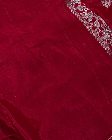 Banaras Crepe Silk Deep Red Deer & Tree Zari Saree | Glow & Glitter Boutique