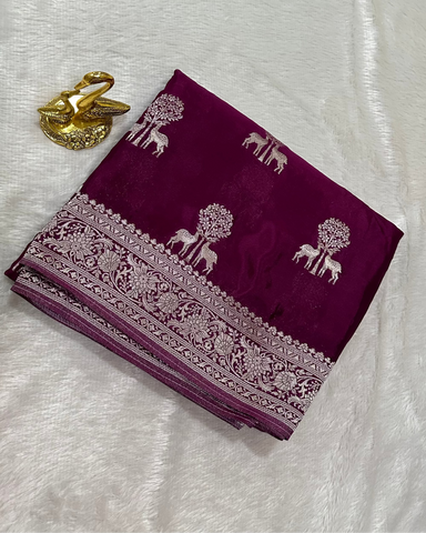 Banaras Crepe Silk Deep Wine Deer & Tree Zari Saree | Glow & Glitter Boutique