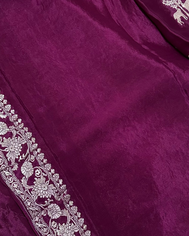 Banaras Crepe Silk Deep Wine Deer & Tree Zari Saree | Glow & Glitter Boutique