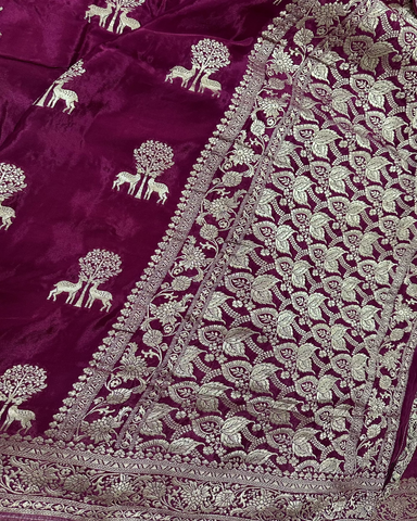 Banaras Crepe Silk Deep Wine Deer & Tree Zari Saree | Glow & Glitter Boutique