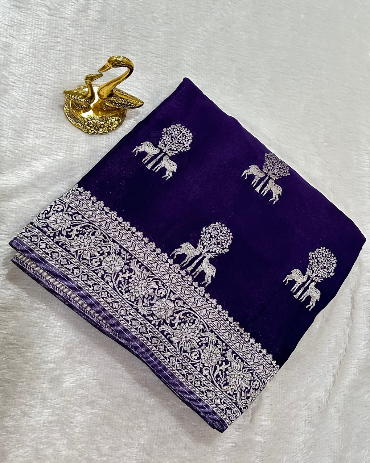 Banaras Crepe Silk Deep Purple Deer & Tree Zari Saree | Glow & Glitter Boutique