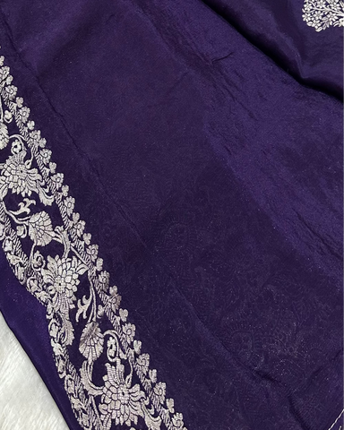 Banaras Crepe Silk Deep Purple Deer & Tree Zari Saree | Glow & Glitter Boutique