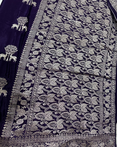 Banaras Crepe Silk Deep Purple Deer & Tree Zari Saree | Glow & Glitter Boutique