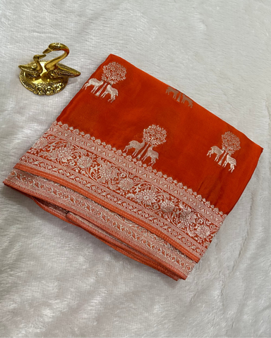 Banaras Crepe Silk Orange Deer & Tree Zari Saree | Glow & Glitter Boutique